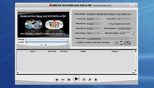 Acala AVI DivX MPEG XviD VOB to PSP 4.2.5