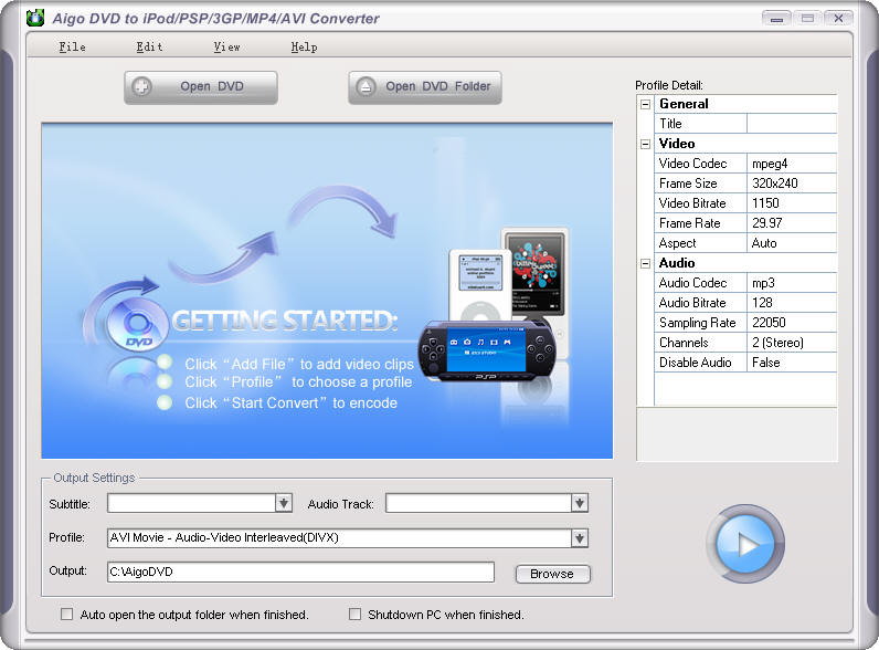 Aigo DVD to iPod/PSP/3GP/Zune/AppleTV/iPhone/MP4 Converter 2.0.13