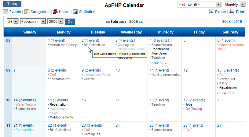 ApPHP Calendar - PHP Calendar Script 1.0.2