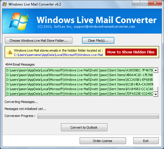 Copy EML from Windows Mail to Outlook 6.2