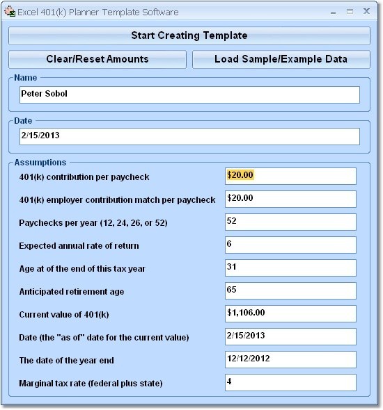 Excel 401(k) Planner Template Software 7.0