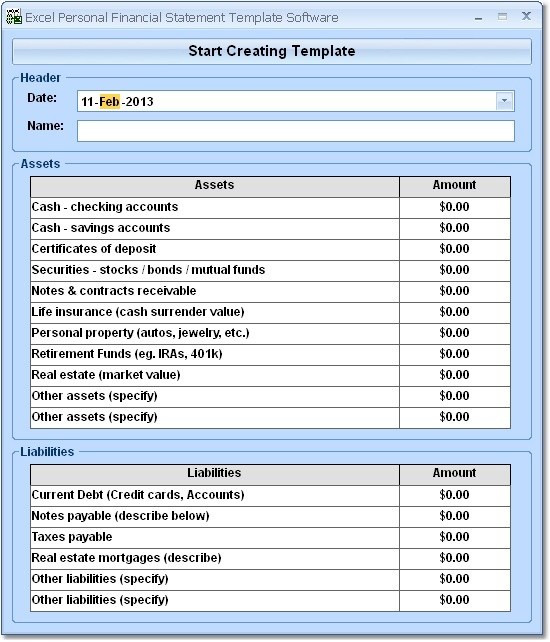 Excel Personal Financial Statement Template Software 7.0