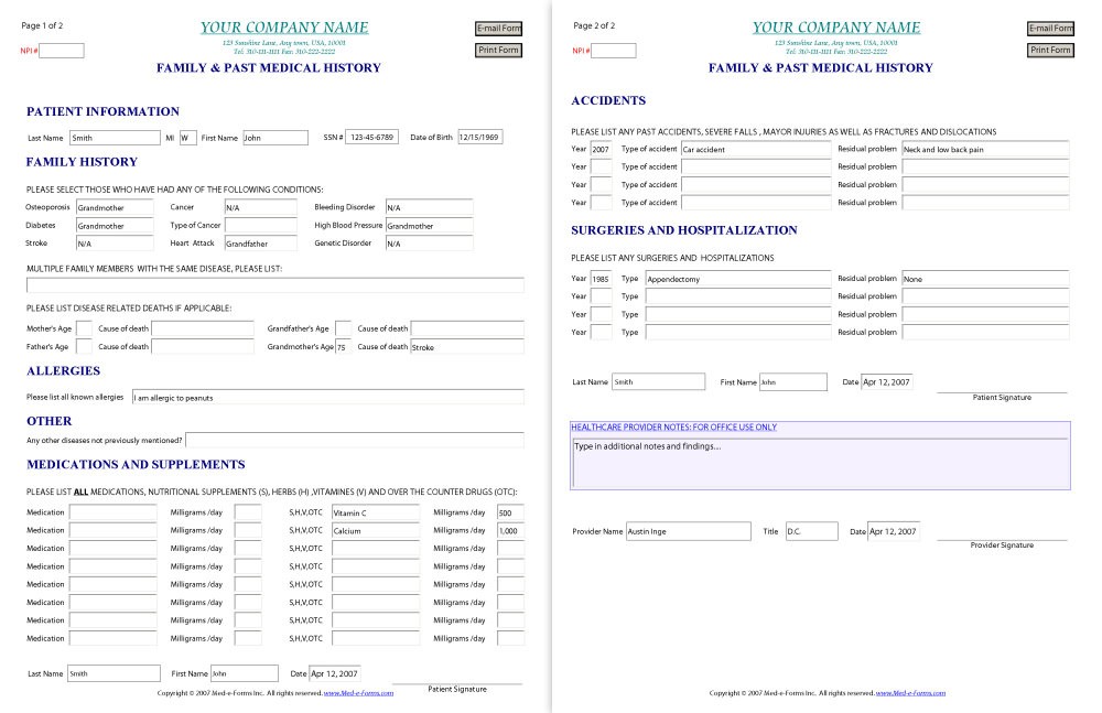 Family & Past Medical History Form - Sample 2.0.0.0