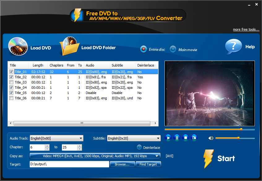 Free DVD to AVI/MP4/WMV/MPEG/3GP/FLV Converter 3.2.2