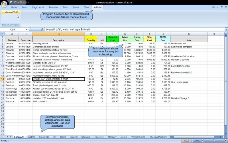 GeneralCOST Estimator for Excel 12.04