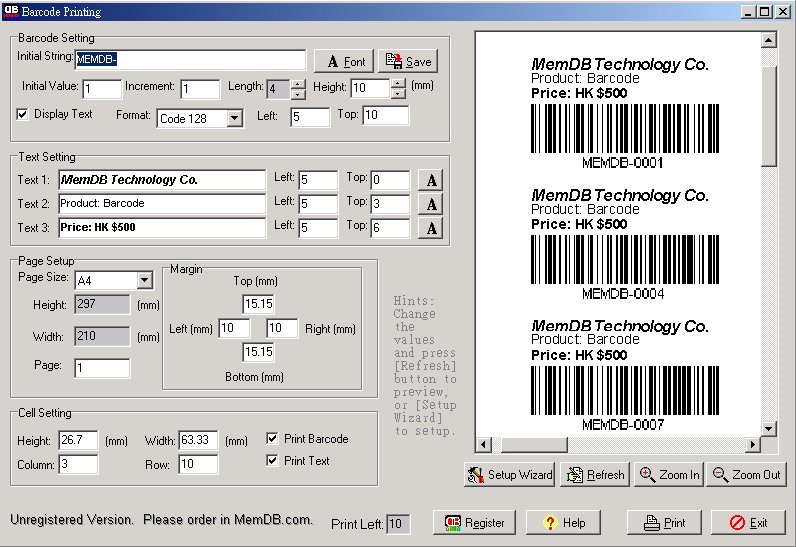 MemDB Barcode Printing System 1.0