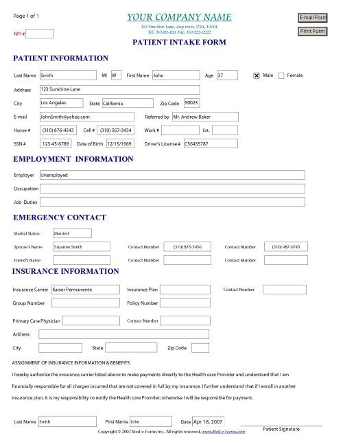 Patient Intake Form - Sample 2.0.0.0