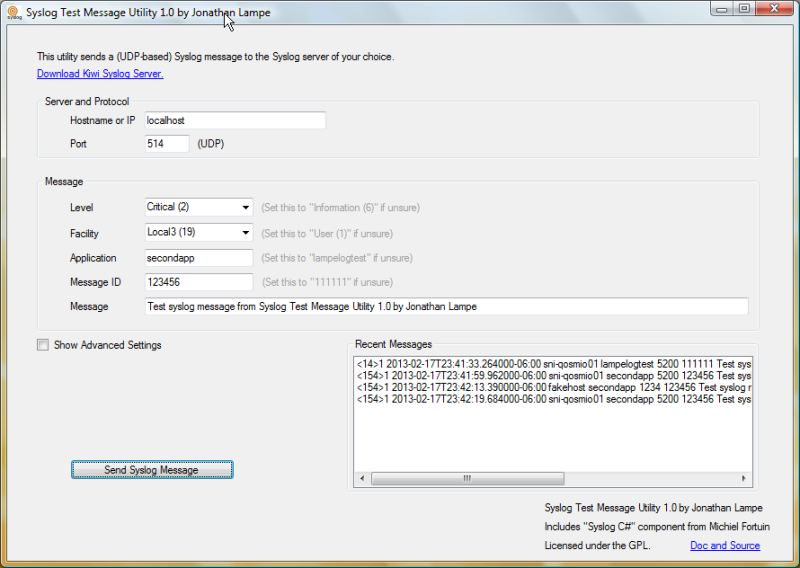 Syslog Test Message Utility 1.0