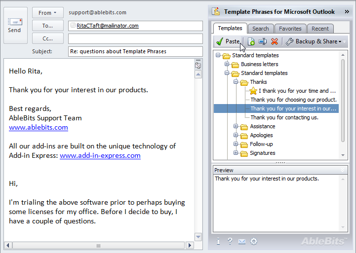 Template Phrases for Microsoft Outlook 2.2