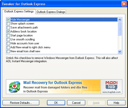 Tweaker for Outlook Express 1.0