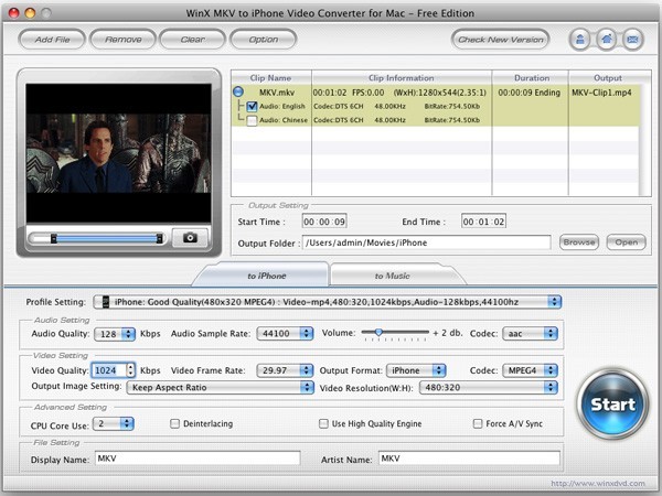 WinX MKV to iPhone Video Converter for Mac - Free Eidition 2.7.0