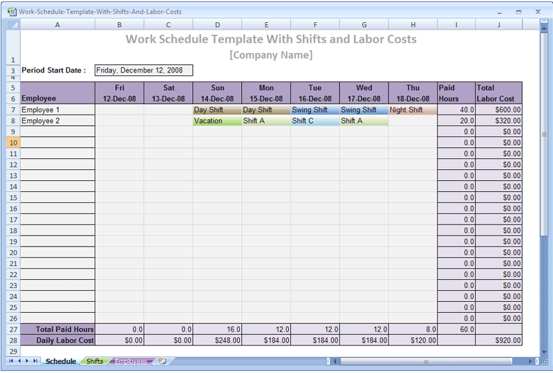 Work Schedule Template With Shifts and Labor Costs 1